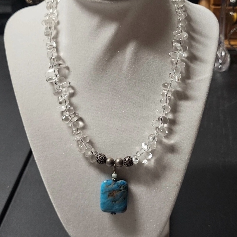 Crystal Droplets Sterling Silver Necklace Turquoise Pendent And Sterling Beads